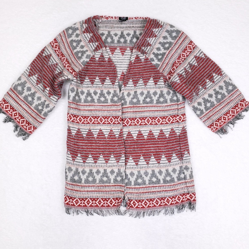 Roffe Fringe Cardigan Jacket Red Gray Fair Isle Boho Wool Blend Sweater Coat M